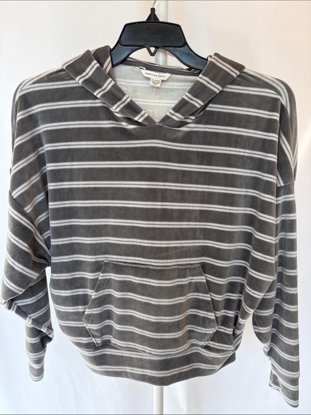 American Eagle Gray and White Velour Hoodie- XS